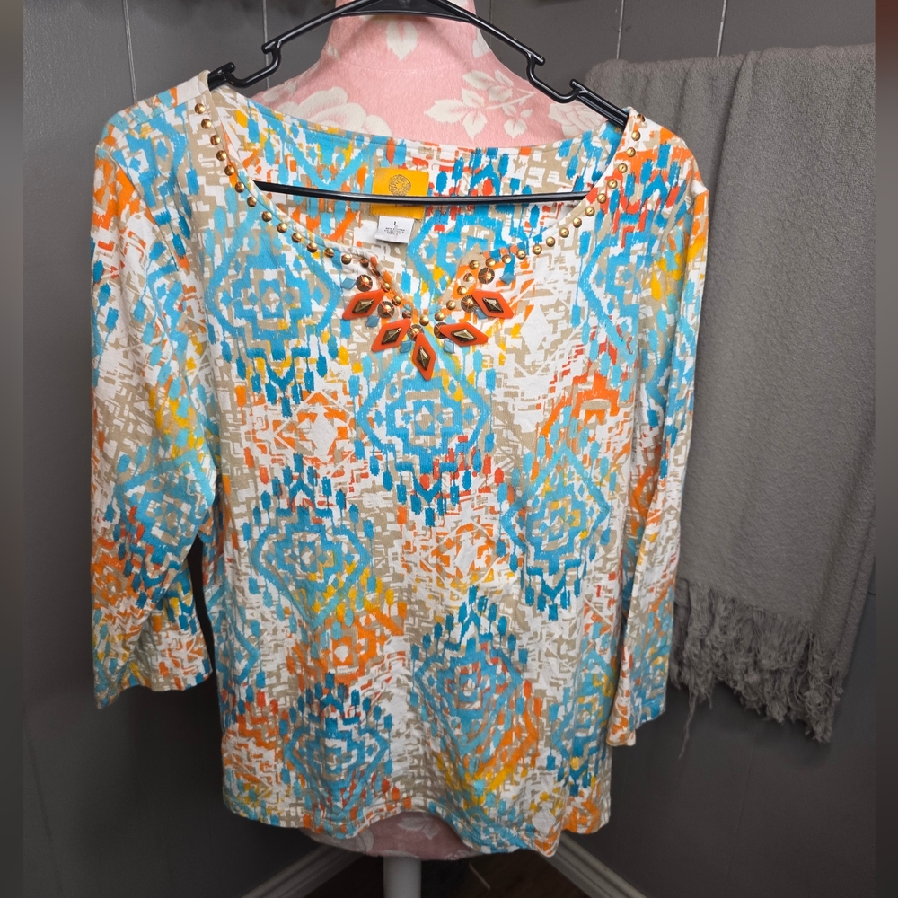 SOLD 🔥2for$20 - Ruby Rd. Multicolor Geometric Blouse - Picture 1 of 6